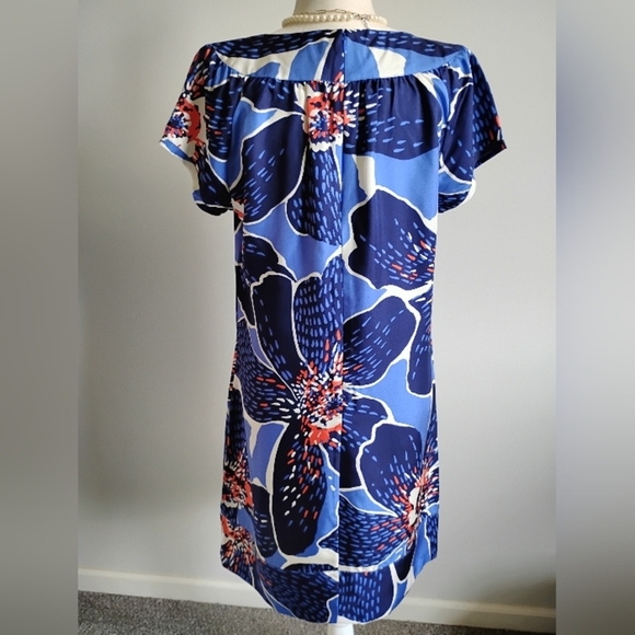 Victor Alfaro 100% Silk Navy Blue Floral Shift Dress Colorful Day Evening Sz 10 - Picture 9 of 16